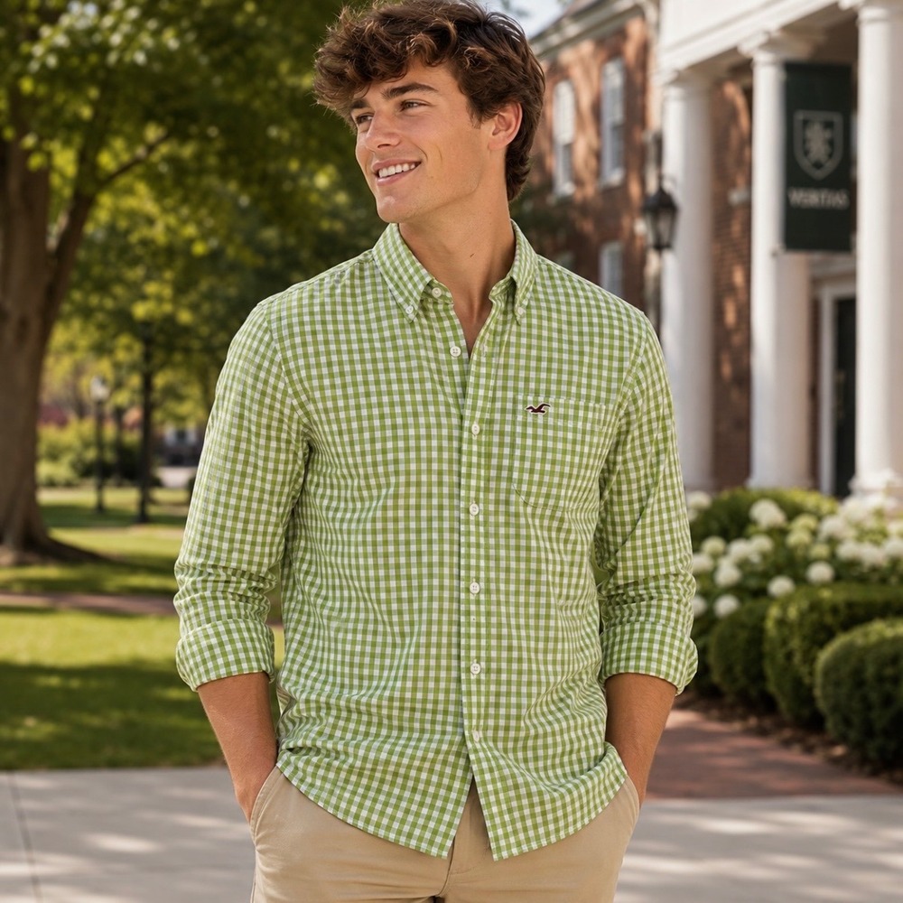 Hollister Lime Green Gingham Plaid Button Down Shirt Size S Long Sleeve Cotton